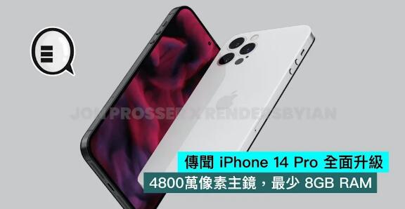 傳聞 iPhone 14 Pro 全面升級至 4800萬像素主鏡，最少 8GB RAM